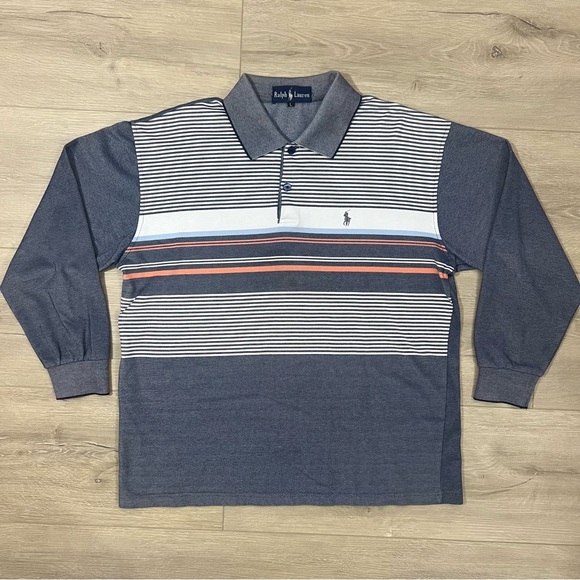 Vintage Polo Ralph Lauren Rugby Shirt Large Gray Orange Striped Preppy Rare - Picture 1 of 7